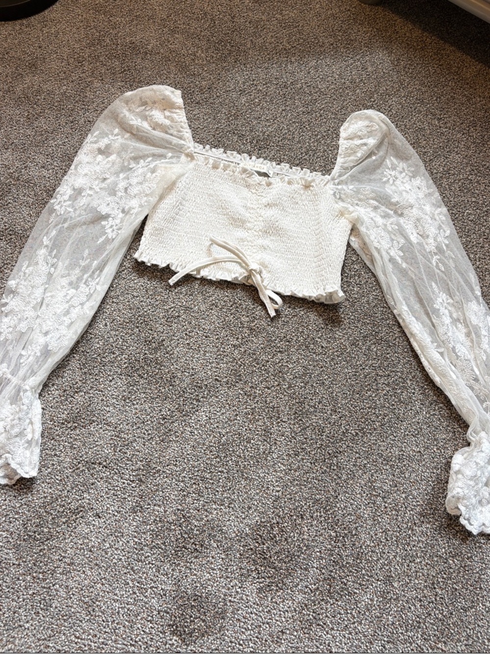 White Lace Puff-Sleeve Cropped Top with Smocked Bodice